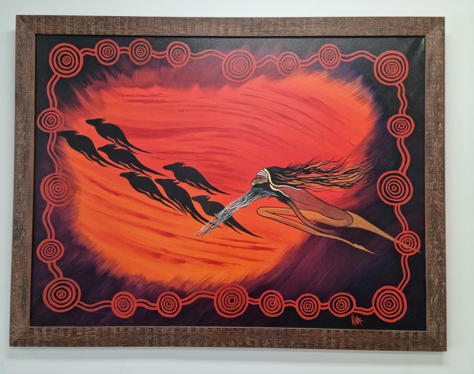 Old man Warrior is joined by his totem team of kangaroo traveling across the sky's making their journey to the dreaming, taking with him from the physical world only heart memories and leaving love  and compassion , knowledge and wisdom on earth in the safe learning hands of future generations.