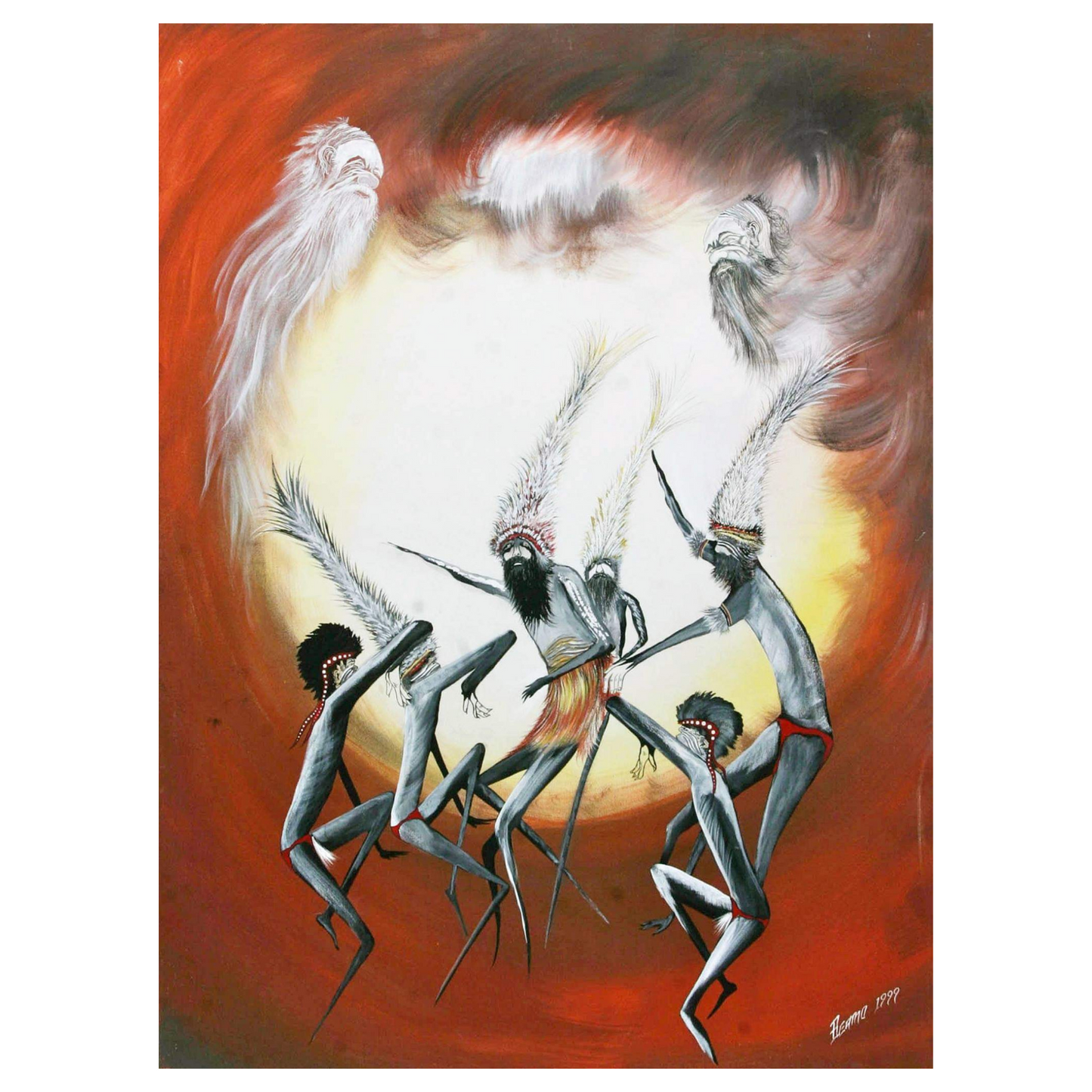 Men's Business - Passing on men's business knowledge at the celebration ceremony (Corroboree) between males Old and young in the fire light shared by ancestors above