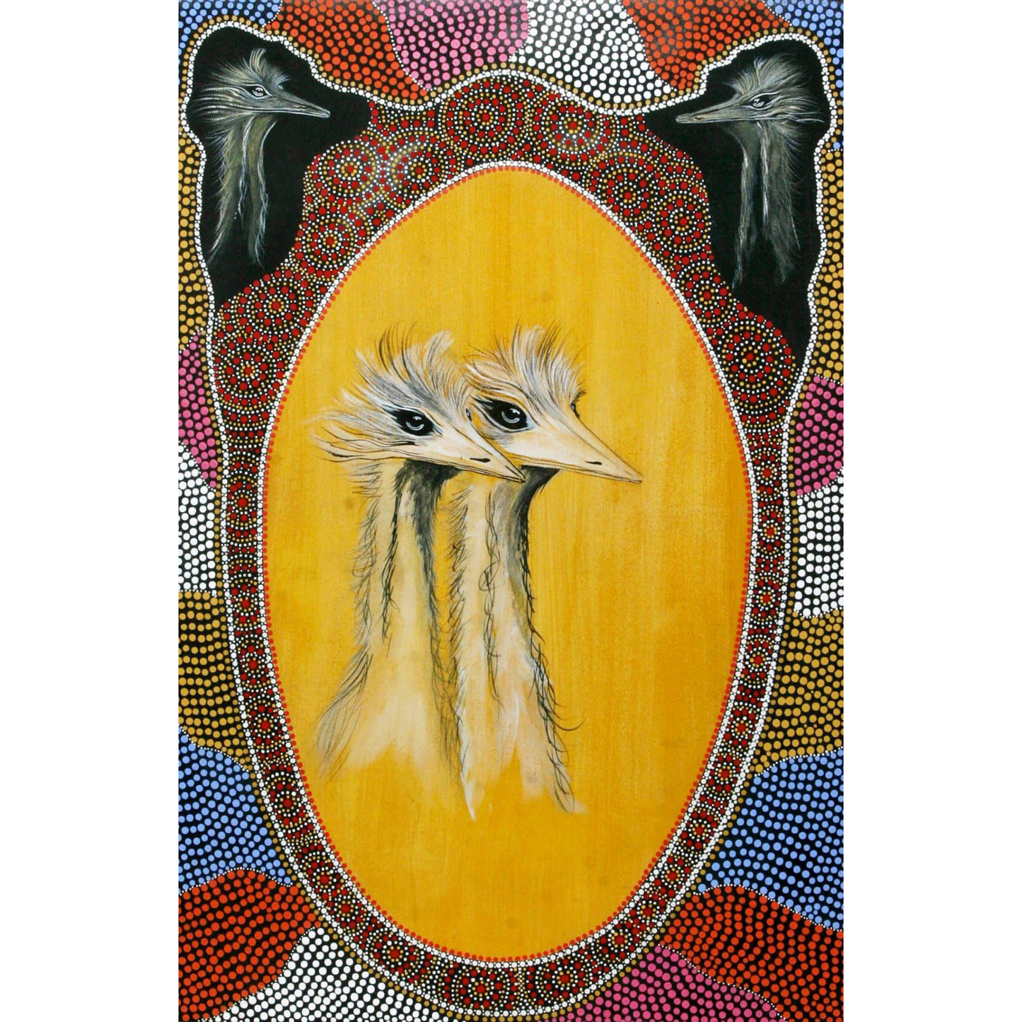 Honouring 80,000 years of emu, from Creator, dancing the southern night sky's transforming into graceful land animals, journeying in circles across the many lands and waterways together in groups or independently as one.