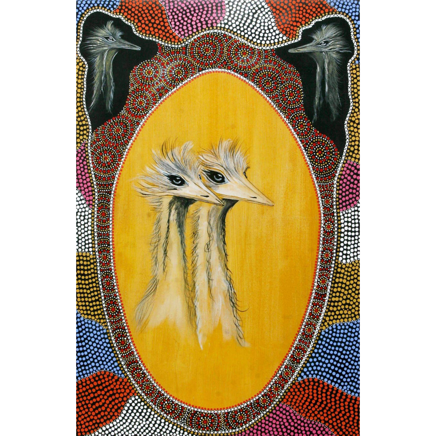 Honouring 80,000 years of emu, from Creator, dancing the southern night sky's transforming into graceful land animals, journeying in circles across the many lands and waterways together in groups or independently as one.