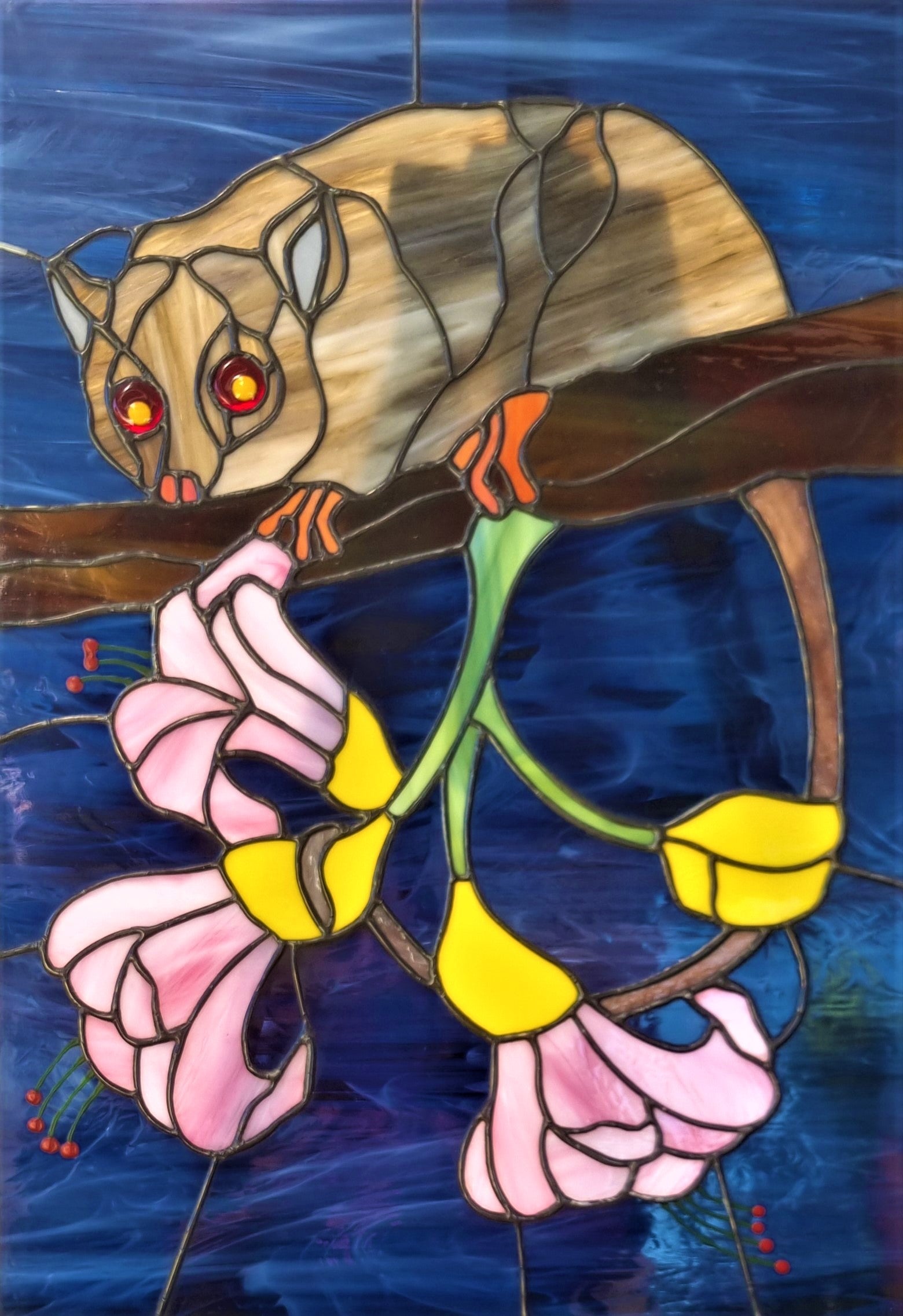 Possum is our family totem from Country up North, living in Victoria however we found the connection and inspiration  from this little Leadbeater's Possum. A much loved amazing little animal that is Critically Endangered and listed as Threatened (FFG Act )    #Please note tripod stand shadowing in centre of photo - this is not part of the GlassArt