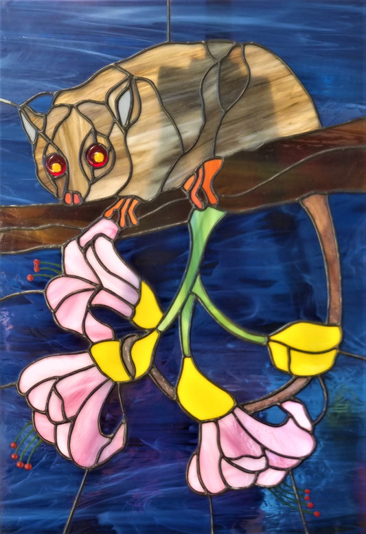Possum is our family totem from Country up North, living in Victoria however we found the connection and inspiration  from this little Leadbeater's Possum. A much loved amazing little animal that is Critically Endangered and listed as Threatened (FFG Act )    #Please note tripod stand shadowing in centre of photo - this is not part of the GlassArt
