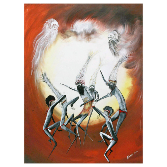 Men's Business - Passing on men's business knowledge at the celebration ceremony (Corroboree) between males Old and young in the fire light shared by ancestors above